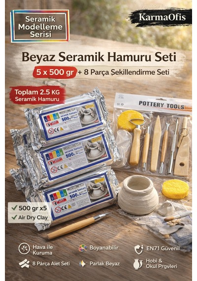Seramik Hamuru Seti 5x500 Gr + 8 Parça Şekillendirme Alet Seti Air Dry Kil Modelleme Seti Krem