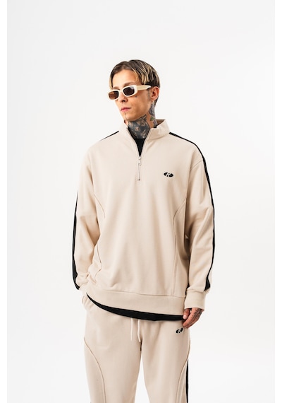 Respire Erkek Pis Dikiş Detaylı Yarım Fermuarlı Diagonel Sweatshirt Bej