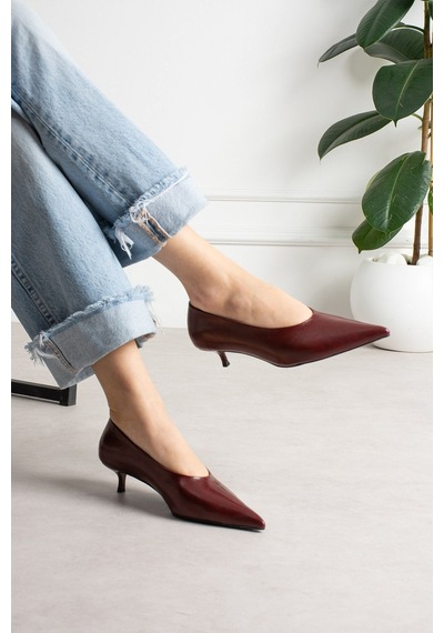 Shoetek Louod Kadın Stıletto İnce Topuklu Kırışık Bordo Deri Bordo