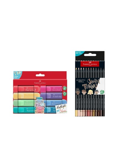 Faber Castell Textliner Pastel 8 Li Fosforlu Kalem Ve Black Edition 12 Renk Skin Tones Ten Renkleri Kuru Boya Seti İkisi Birarada Set Çok Renkli