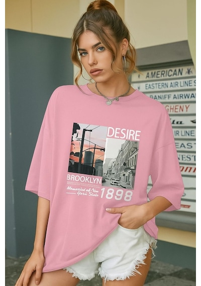 Brooklyn Baskılı Unisex Tişört Pembe
