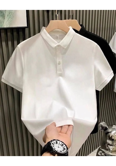 Erkek Polo Yaka Tişört Düğmeli Pike Düz T-shirt - Beyaz