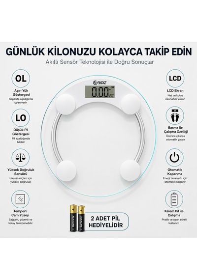 Bydiz Dijital Baskül Banyo Tartısı, 180 Kg Kapasiteli Vücut Tartısı, Temperli Cam, Yuvarlak Tasarım, Led Ekran, O