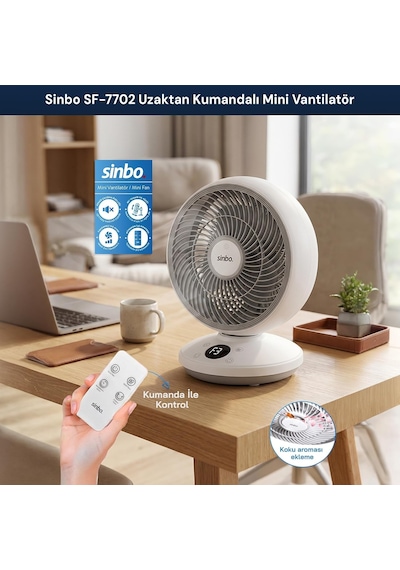Sf-7702 Sessiz Masaüstü Vantilatör Kumandalı 1.5 Mt Kablolu Mini Fan Otomatik Salınımlı Aroma Hazneli Beyaz Dijital Çok Renkli