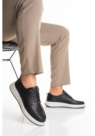 Fame Step Erkek Hakiki Deri Günlük Ayakkabı Modern Casual Kalın Taban Bağcıklı Bologna Siyah
