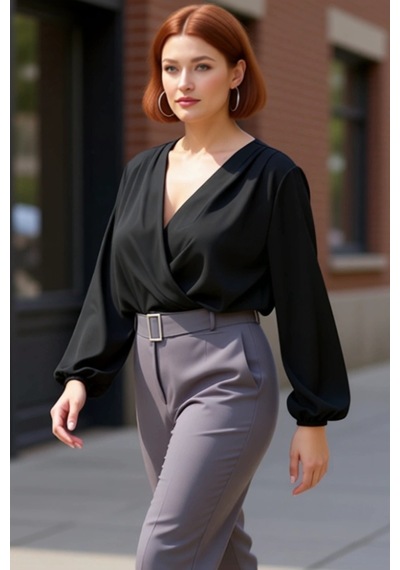 Ersefa Moda Büyük Beden Kruvaze Örme Regular Düz Desen Casual Günlük Reg siyah