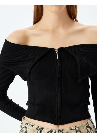 Koton Fermuarlı Omzu Açık Uzun Kollu Slim Fit Tişört Siyah 5sal10353ık Siyah