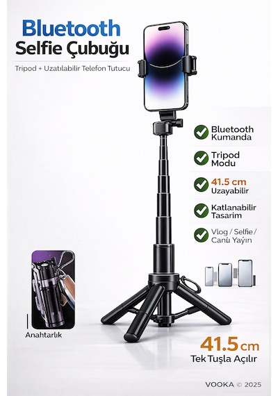 Tripodlu Bluetooth Selfie Çubuğu Mini Katlanabilir Selfie Stick Telefon Standı Uzatılabilir 41.5 Cm
