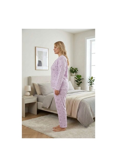 Eyfuze Kadın Büyük Beden Desenli Yakası Düğmeli Uzun Kollu Bambu Pijama Takımı Pembe-1