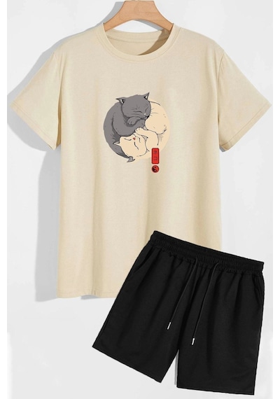 Uyguntarz Tasarım Şort T-shirt Eşofman Takımı Bej