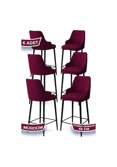 Canisa Tera Serisi 6 Mürdüm Sandalye 65 Cm Ada Mutfak Bar Sandalyesi Babyface Kumaş Siyah Metal Ayaklı Sandalyeler Mürdüm Ayaklar Siyah
