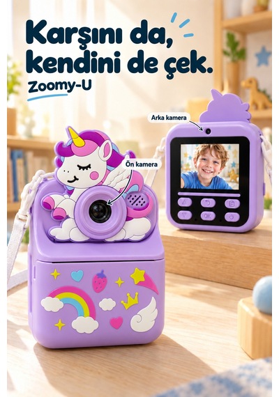 Kj/zm-004 Zoomy-u Unicorn Figürlü Anında Baskılı Çocuk Fotoğraf Makinesi, Çift Kamera, 2,4 İnç Ekran, 1080p Video, 3+ Yaş Mor