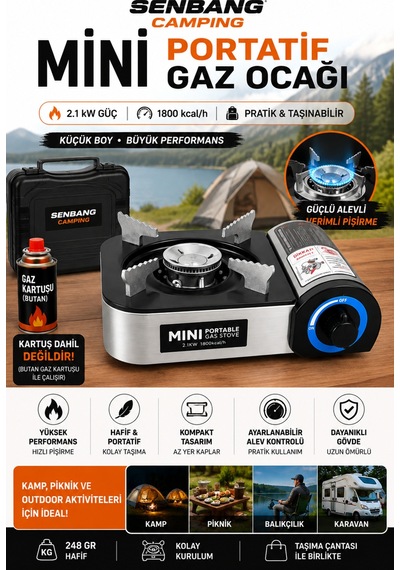 Senbang Camping Mini Portatif Gaz Ocağı 2.1 Kw Butan Kartuşlu Kamp Ocağı, Taşıma Çantalı Kompakt Piknik Ocağı Gri