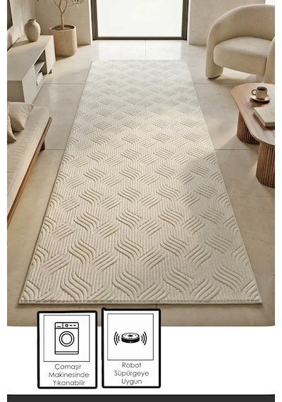 Lüle Halı Kaymaz Taban Halı Yolluk Kabartmalı Embos, Krem Emb553