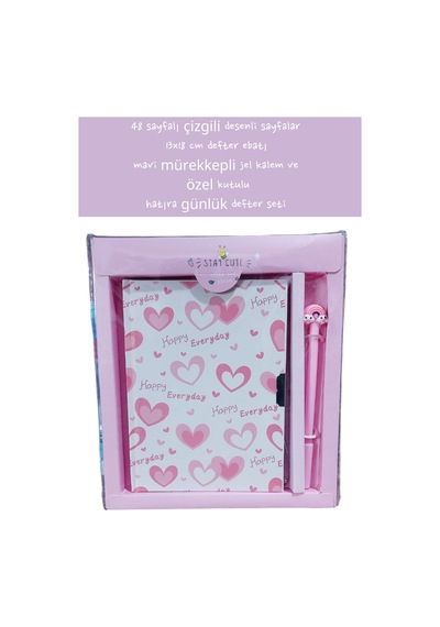 48 Sayfalı Çizgili Desenli Sayfalar 13x18 Cm Defter Ebatı Mavi Mürekkepli Jel Kalem Özel Kutulu 3