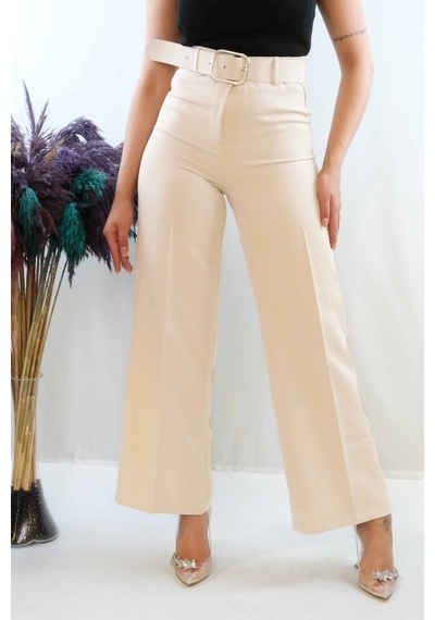 2k Moda Çizgi Kemerli Pantolon Beyaz 001