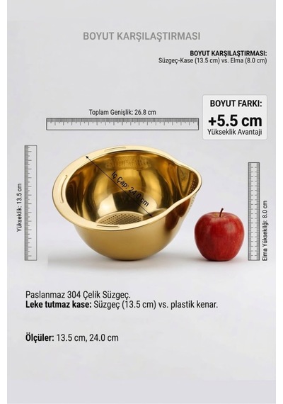 Gold 304 Paslanmaz Çelik Makarna Ve Sebze Yıkama Süzgeci 26,8 X 24 Cm Diğer