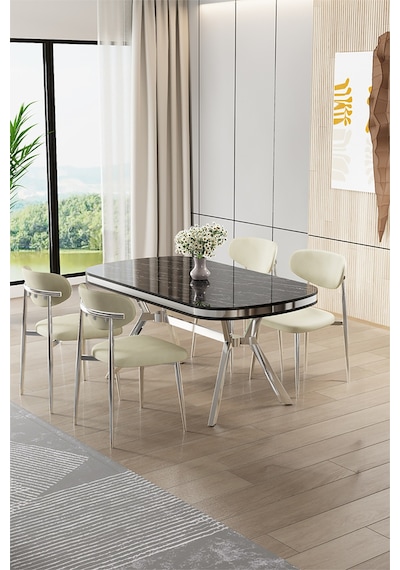 Canisa Olya Serisi 90x168 Lak Panel Sonata Masa Takımı Krom Ayaklı 4 Krem Sandalye Sonata Masa Krem Sandalye Canisa Olya Serisi 90x168 Lak Panel Sonata Masa Takımı Krom Ayaklı 4 Krem Sandalye Sonata Masa Krem Sandalye