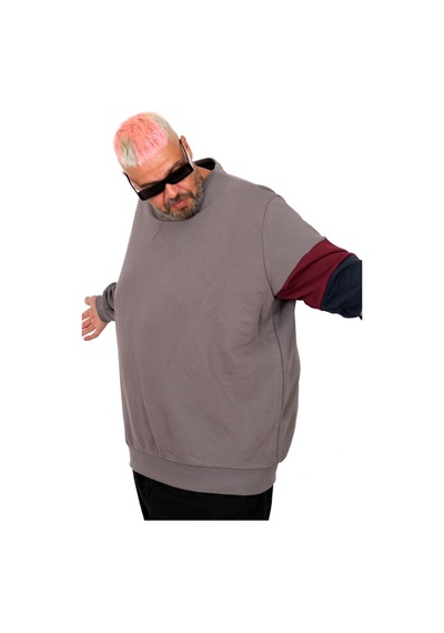 Mode Xl Büyük Beden Parçalı Bis Yaka Sweatshirt U25817 Füme