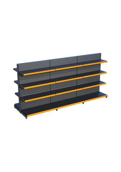 Antrasit Metal Çift Yönlü Orta Reyon 4 Katlı 3'li Birleşik Market Raf Sistemi Market Rafı G270cm Yükseklik H140 Cm Turuncu