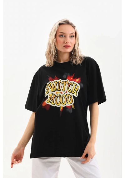 Kadın Kısa Kol Yazlık Tişört Bisiklet Yaka Ejderha Baskılı T-shirt - Siyah