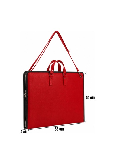 40x55 Cm Suni Deri Saplı Ve Askılı Resim Proje Çantası Kırmızı 35x50 Cm Uyumlu, Cepli