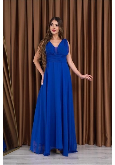 Dip Moda Kadın Saks Mavi V-yaka Şifon Abiye Elbise Dpnb2027 Saks