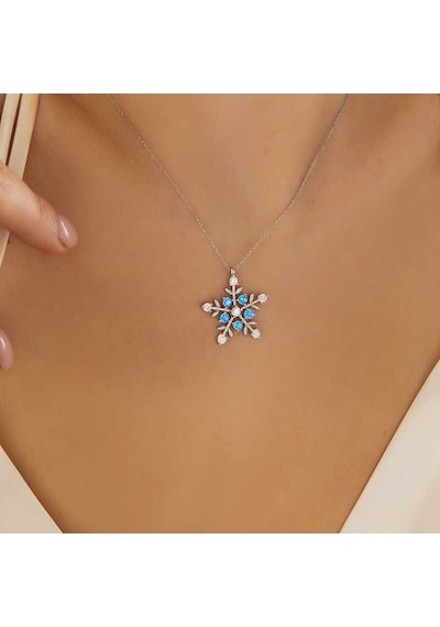 925 Ayar Gümüş Aquamarine Taşlı Kar Tanesi Kadın Kolye