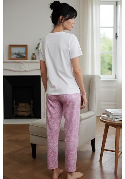 Siyah İnci Ekru Desenli Pamuklu Bisiklet Yaka Örme Pijama Takım