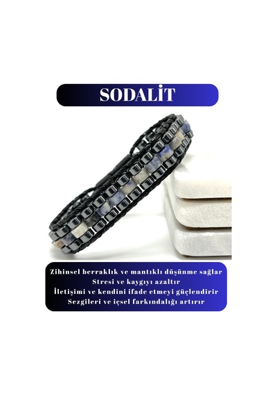 Sertifikalı Sodalit Disk Model Doğal Taş Erkek Bileklik Kilitli Kapama Mavi
