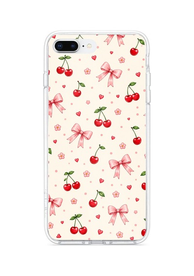 İphone 7 Plus-8 Plus Uyumlu Pembe Fiyonklu Ve Kiraz Desenli Krem Baskılı Silikon Kılıf