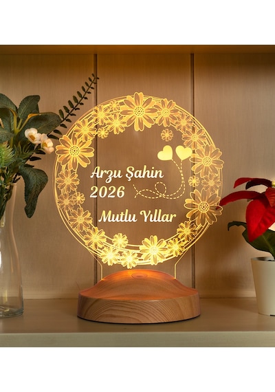 Yılbaşı Papatya Çiçek Hediyesi, İsimli Yeni Yıl Mutlu Yıllar Hediyesi, Papatya 3D Led Lamba