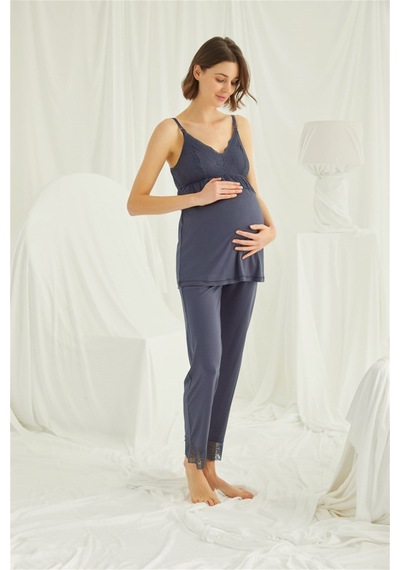 Monamise 18432453 Kadın Lacivert Hamile Lohusa Seti Sabahlık Gecelik Pijama Takım