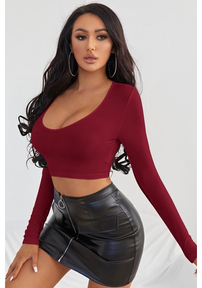 Kadın Bordo Uzun Kol Kare Yaka Crop Top Bluz