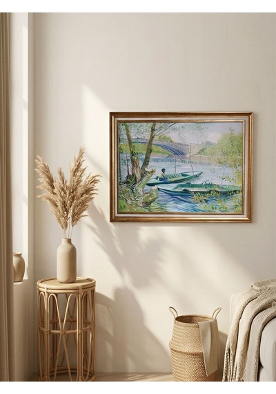 Vintage Gold Çerçeveli Van Gogh İlk Baharda Balık Avı Tablosu 60x80 Cm