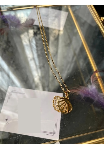 Gold Kadın İncili İstiridye Model Paslanmaz Çelik Kolye 55 Cm Zincir Çelik