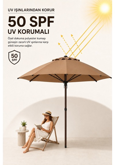 Alubrella Yuvarlak Sütlü Kahve 250 Cm Çap, 8 Telli Güneş Şemsiyesi Kahverengi İskelet Antrasit