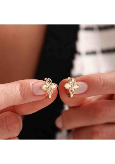 Sembolgold Aynalı Altın Clover Küpe