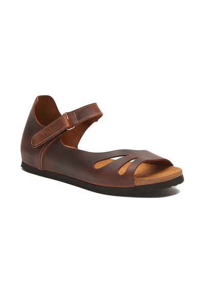 Comfortfusse Daisy - Kadın Ortopedik Hakiki Deri Sandalet Kahverengi Yağlı Deri