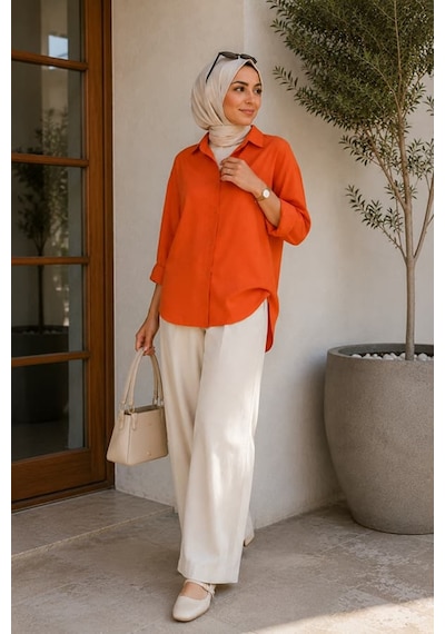 Maşuka Oversize Rahat Kalıp Uzun Kollu Keten Günlük Şık Kadın Gömlek - Tunik Turuncu Turuncu Maşuka Oversize Rahat Kalıp Uzun Kollu Keten Günlük Şık Kadın Gömlek - Tunik Turuncu Turuncu