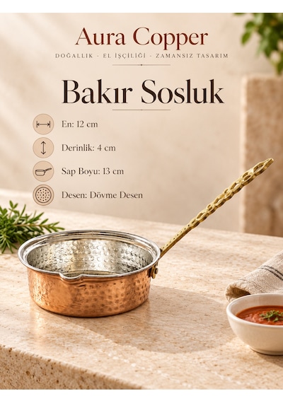 Aura Copper Kalın Bakır Sosluk 12 Cm 1 Mm El Dövmesi Uzun Saplı Sos Tavası Ss-00002