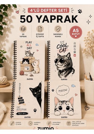 Zumio 4'lü A5 Kedi Temalı Çizgisiz Defter Seti 50 Yaprak, Siyah Plastik Helezonlu Düz