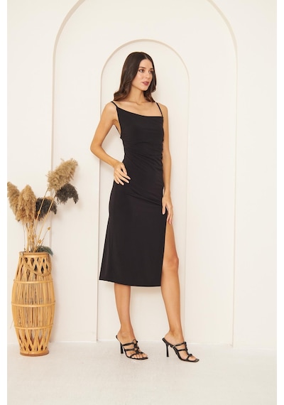 Darlin Moda Siyah Degaje Yaka Yırtmaçlı Elbise Dm1040