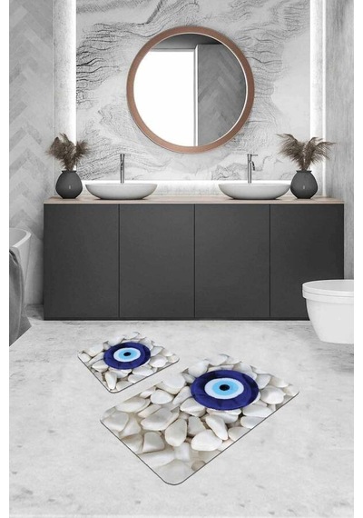 Lacivert Nazar Boncuğu Banyo Halısı Klozet Paspas Seti Bs288n11