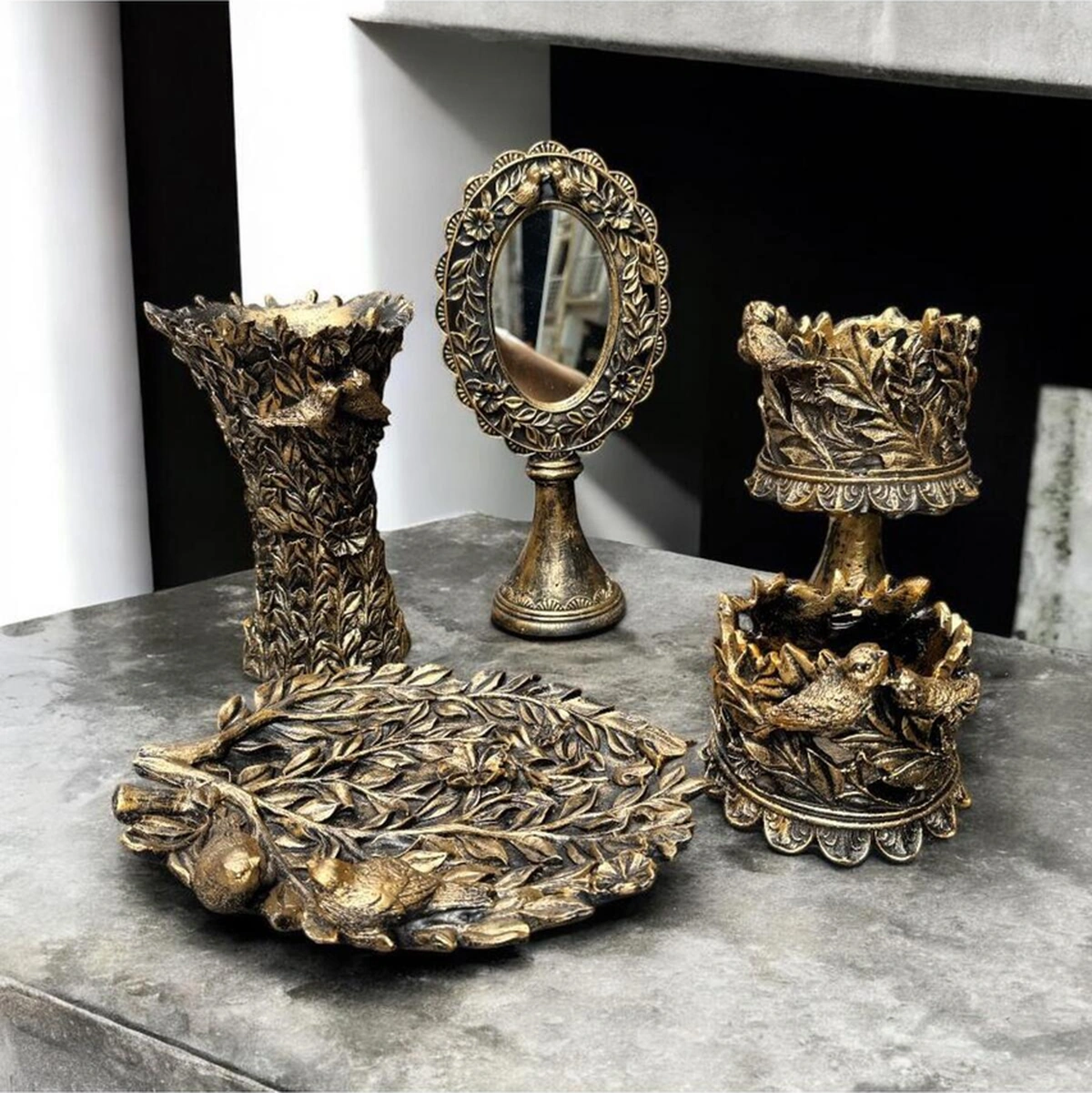 Dekoratif Polyester Kuşlu Beşli Salon Konsol Seti Gold Eskitme