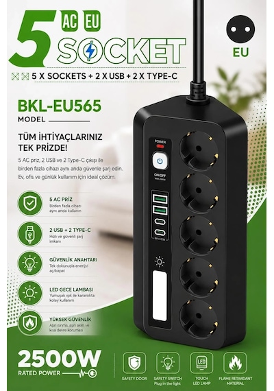 5 Li Akım Korumalı Priz 2500w 2 Usb + 2 Type-c Hızlı Şarj Led Gece Lambalı Dokunmatik Siyah Standart