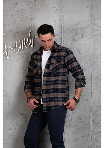 Slimfit Çift Cep Pamuklu Kalın Oduncu Gömlek Kahverengi