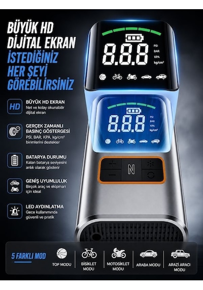 150psı 3600mah Dijital Taşınabilir Araç Hava Kompresörü Powerbank