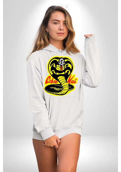 Cobra Kai Karete Çocuk Yılan Logo Dizi Kadın Erkek Beyaz Kapüşonlu Sweatshirt Hoodie Beyaz