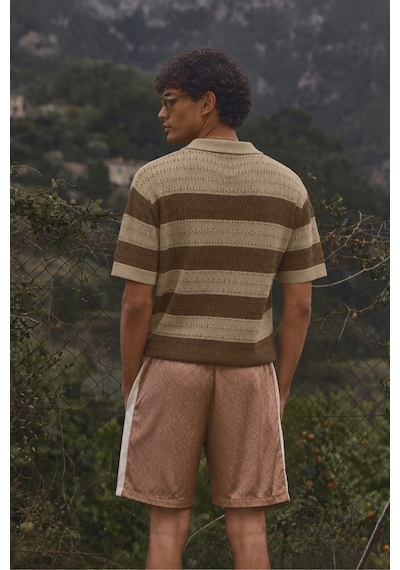 Tarz Cool Erkek Oversize Kalın Örgü Polo Yaka Triko Fileli Tişört Çizgili Vintage Yazlık Rahat Fit Bej